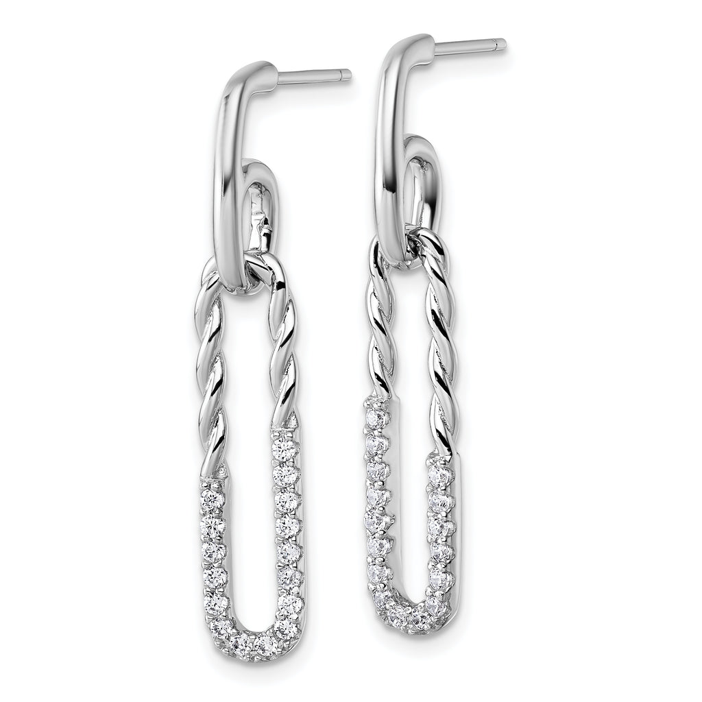 Sterling Silver Rhodium-plated CZ Polished Twisted Paper Clip Dangle Post Earrings