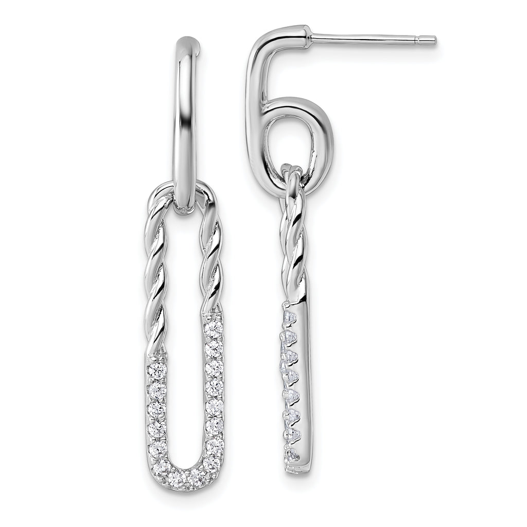 Sterling Silver Rhodium-plated CZ Polished Twisted Paper Clip Dangle Post Earrings