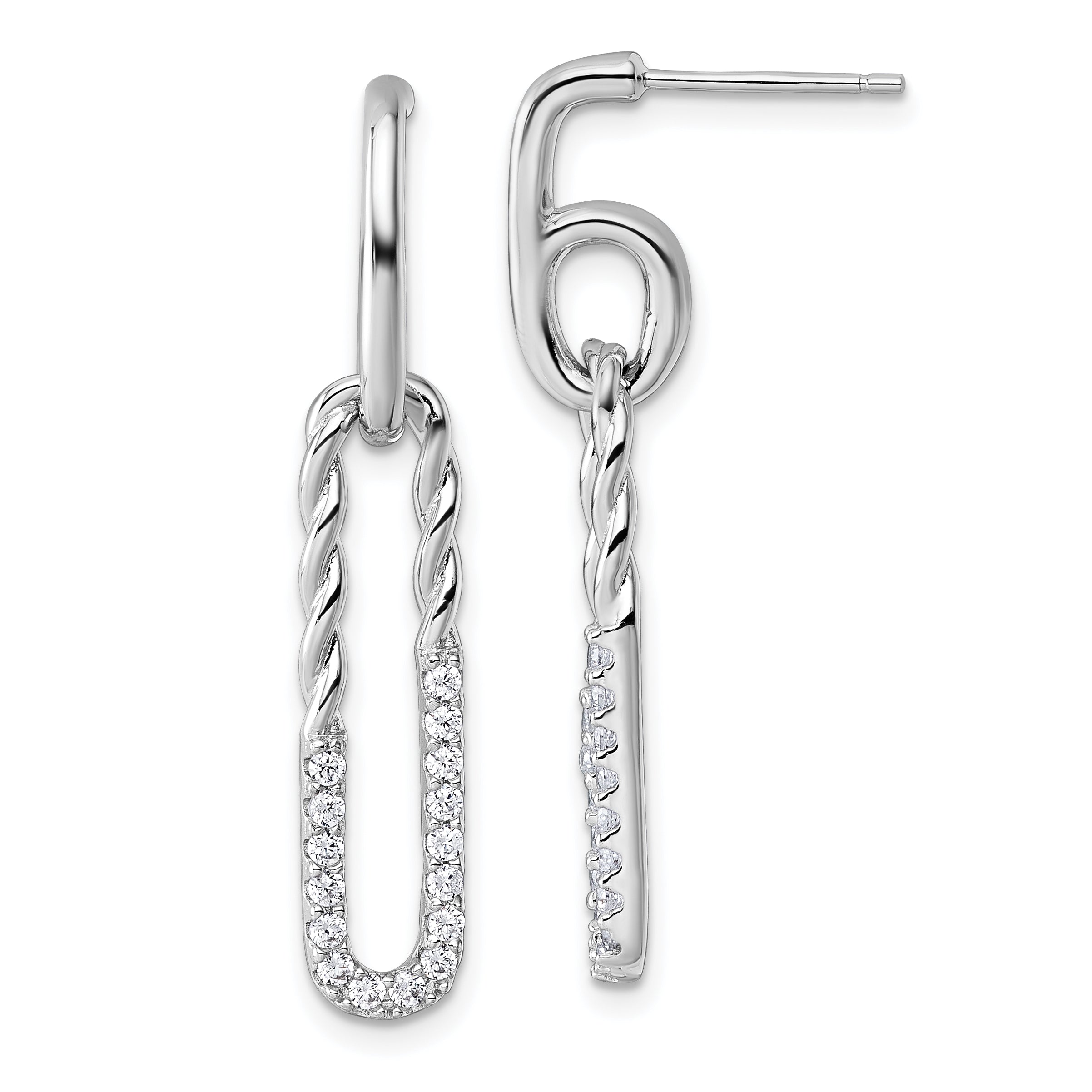 Sterling Silver Rhodium-plated CZ Polished Twisted Paper Clip Dangle Post Earrings