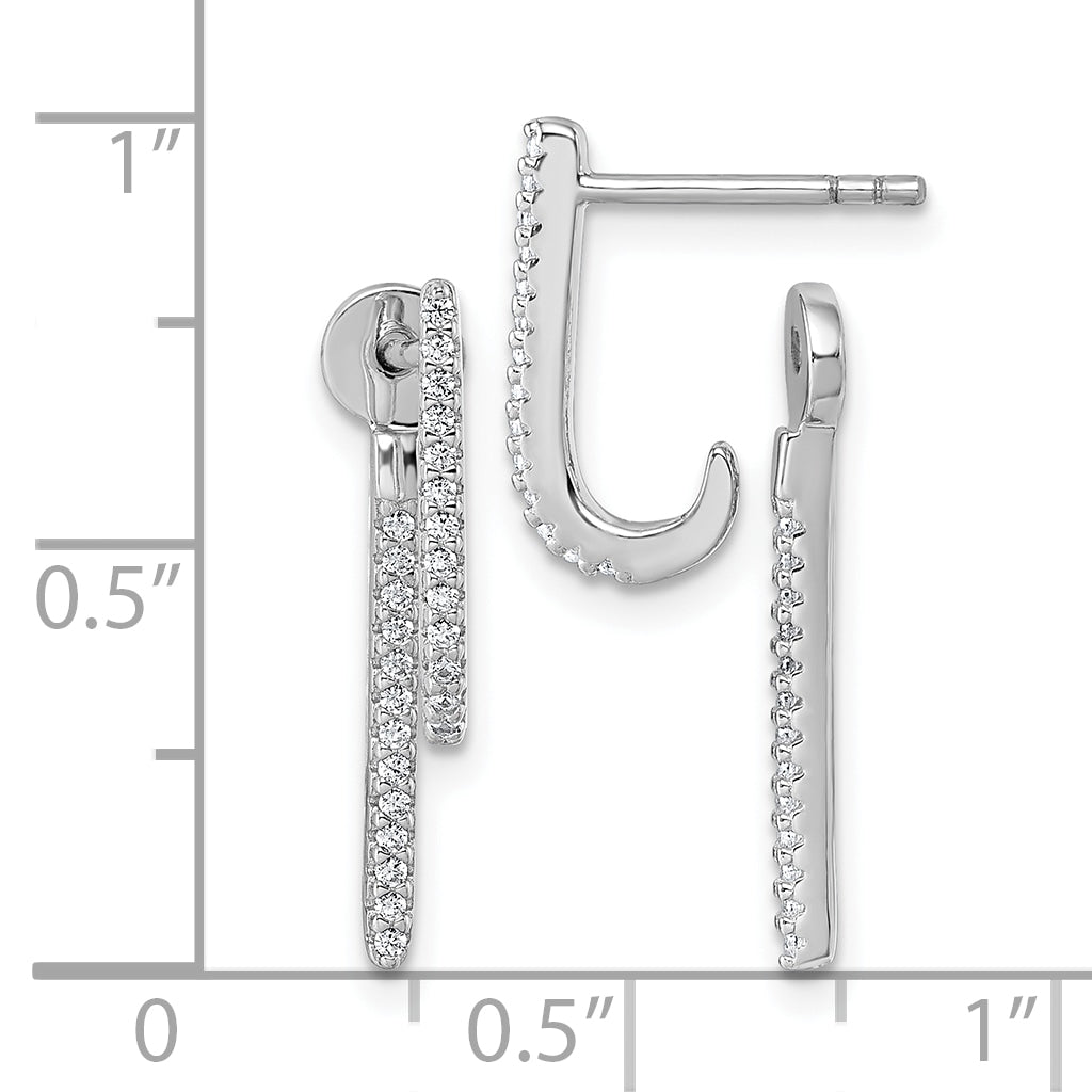 Sterling Silver Rhodium-plated CZ Front and Back Dangle J-Hoop Post Earrings