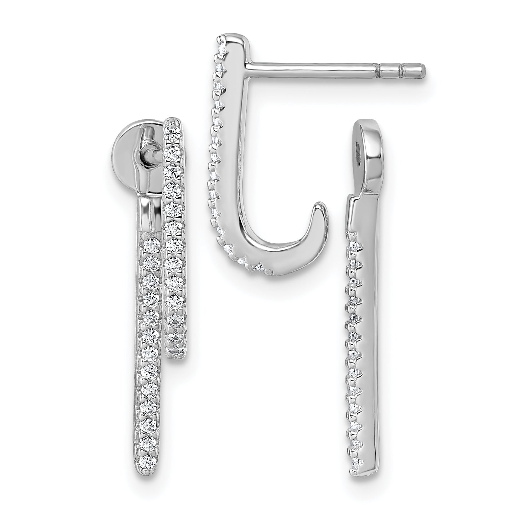 Sterling Silver Rhodium-plated CZ Front and Back Dangle J-Hoop Post Earrings Main image