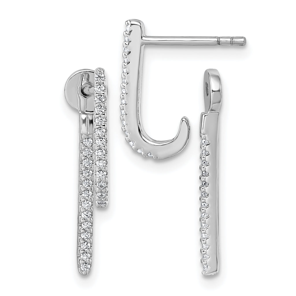 Sterling Silver Rhodium-plated CZ Front and Back Dangle J-Hoop Post Earrings