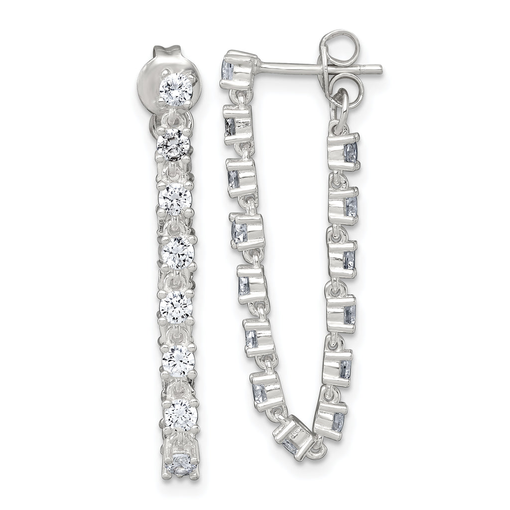 Sterling Silver Polished CZ Line Front and Back Post Dangle Earrings