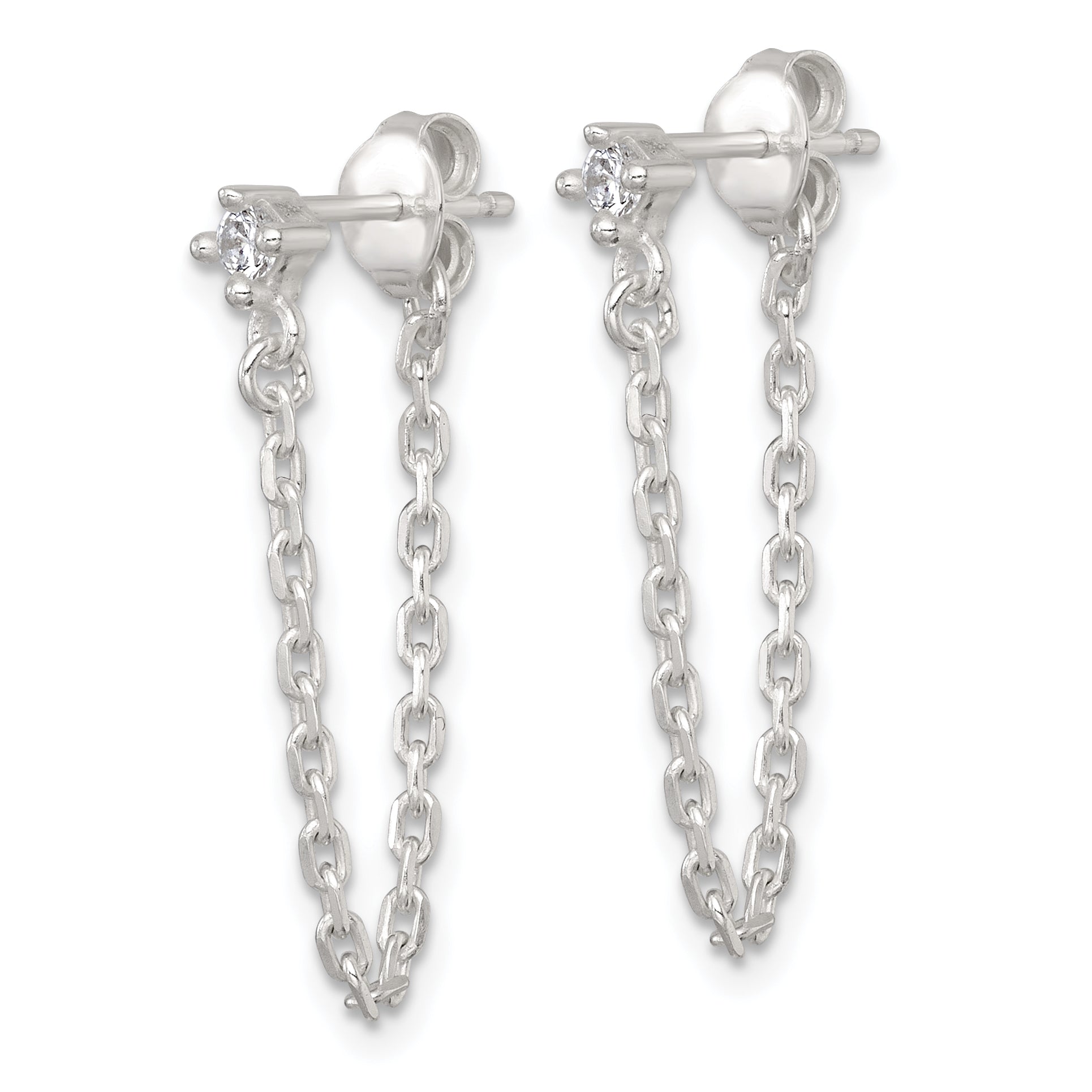 Sterling Silver Polished White CZ Dangling Chain Post Earrings