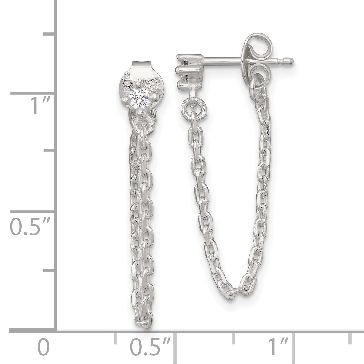 Sterling Silver Polished White CZ Dangling Chain Post Earrings