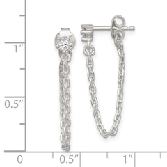 Sterling Silver Polished White CZ Dangling Chain Post Earrings