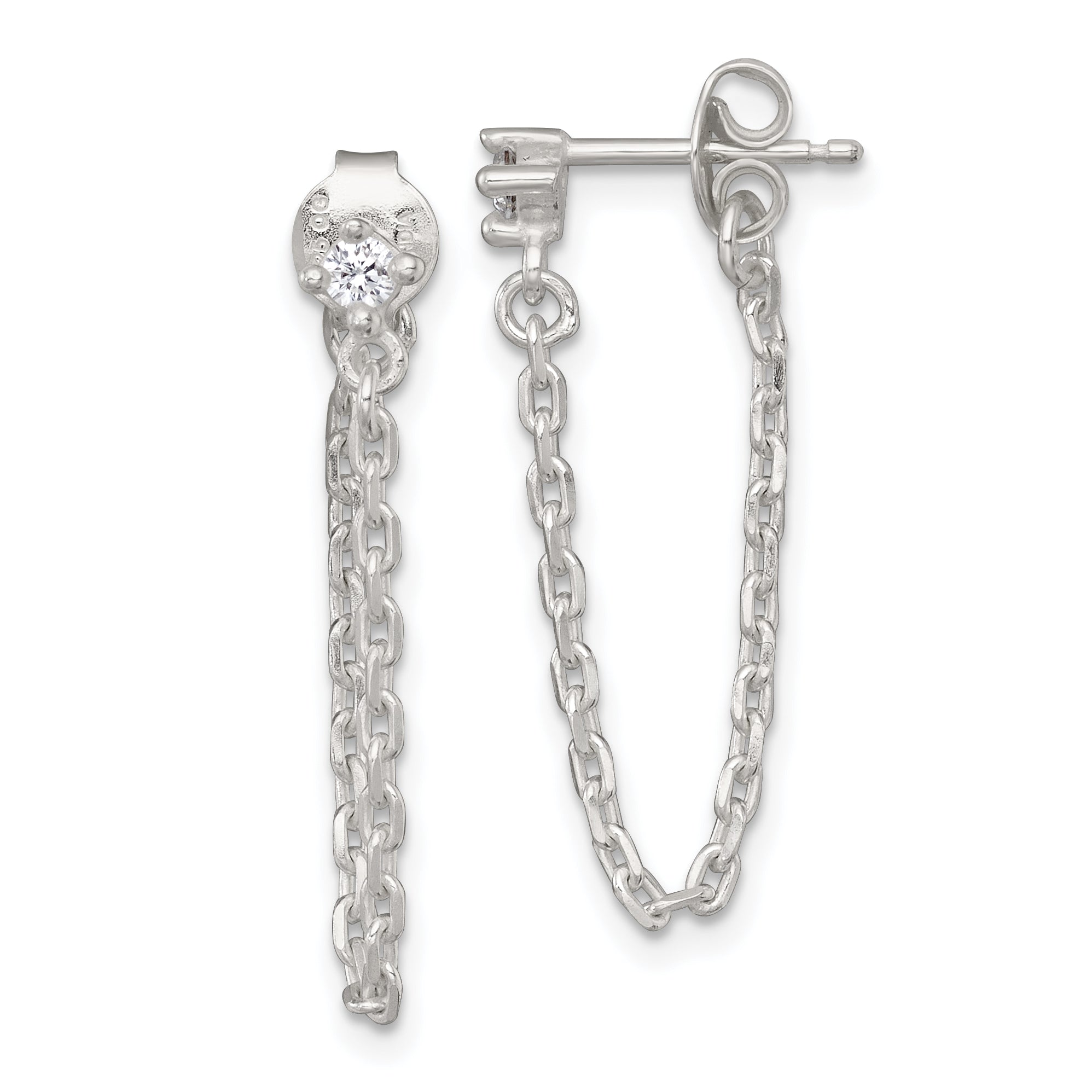 Sterling Silver Polished White CZ Dangling Chain Post Earrings