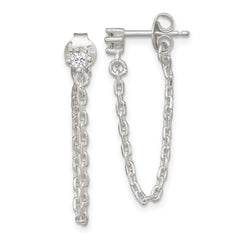 Sterling Silver Polished White CZ Dangling Chain Post Earrings