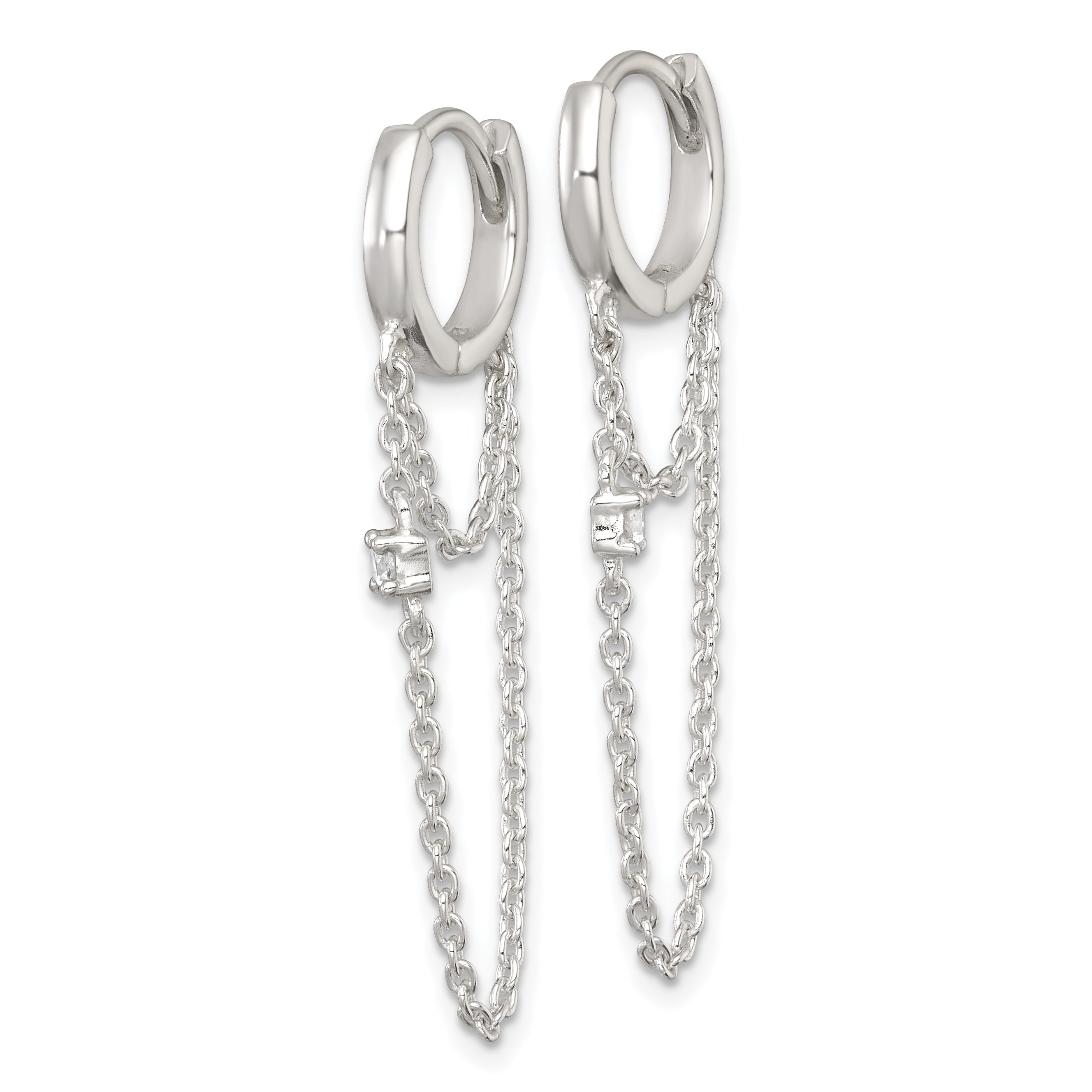 Sterling Silver Polished White CZ Dangling Chain Round Hinged Hoop Earrings Secondary image