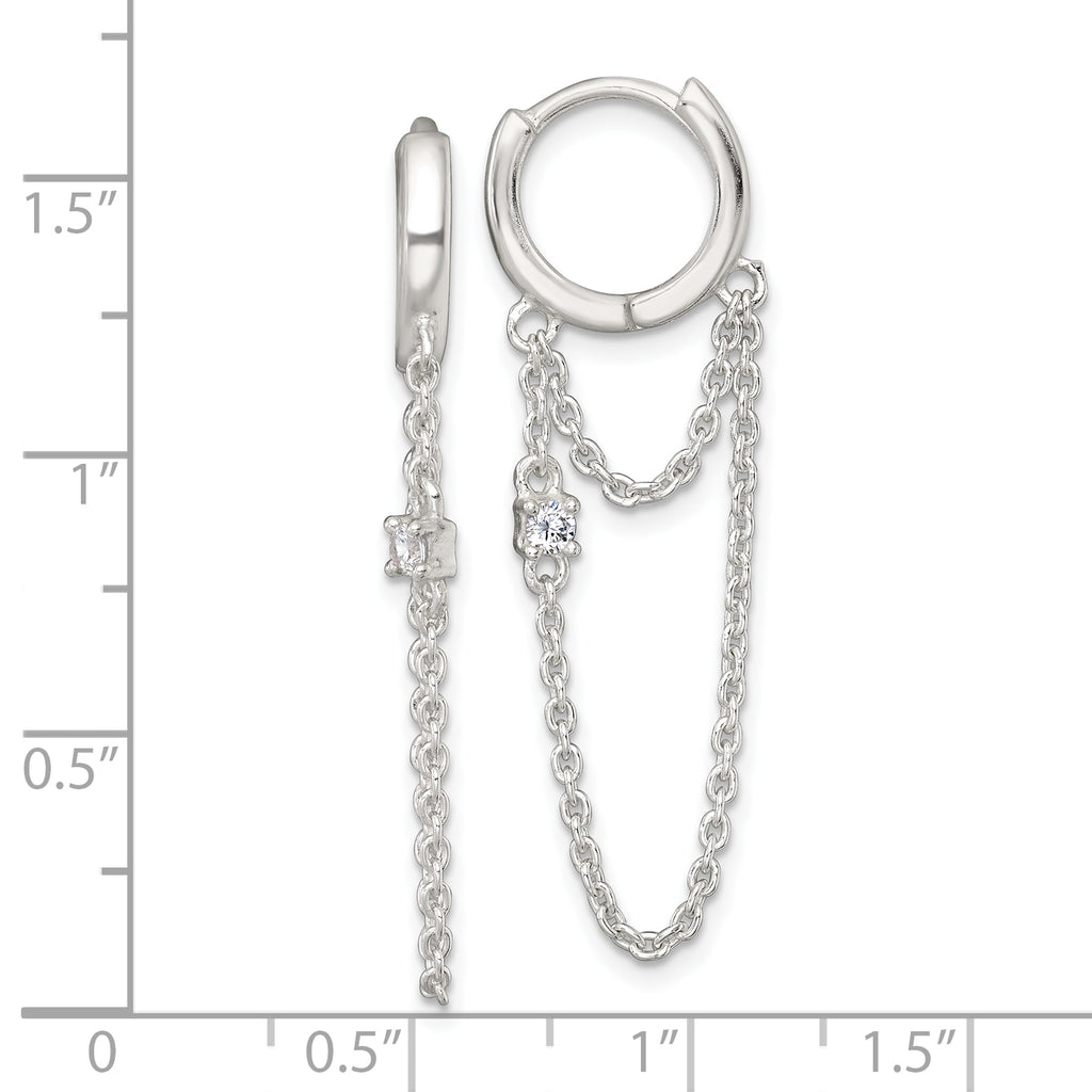Sterling Silver Polished White CZ Dangling Chain Round Hinged Hoop Earrings