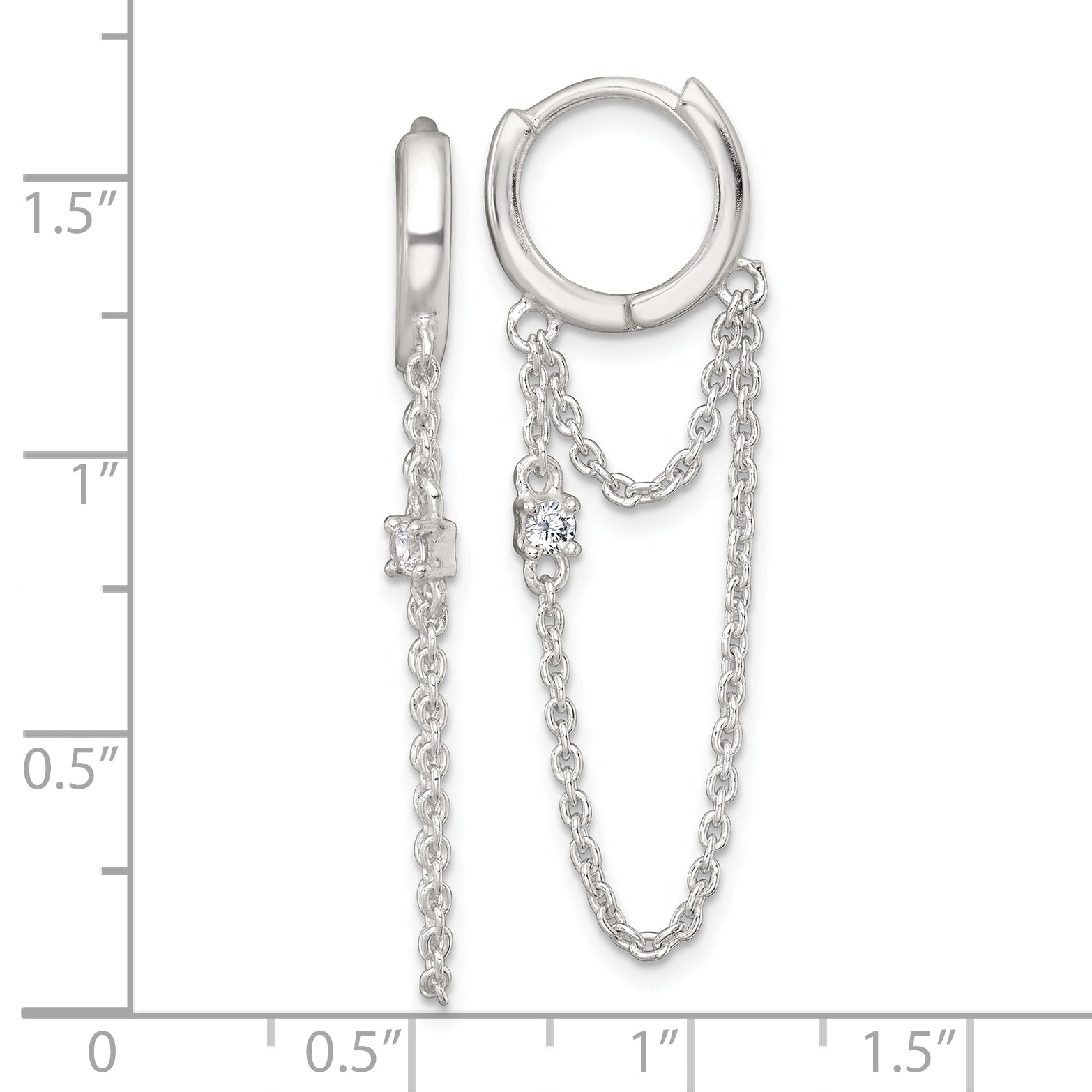 Sterling Silver Polished White CZ Dangling Chain Round Hinged Hoop Earrings