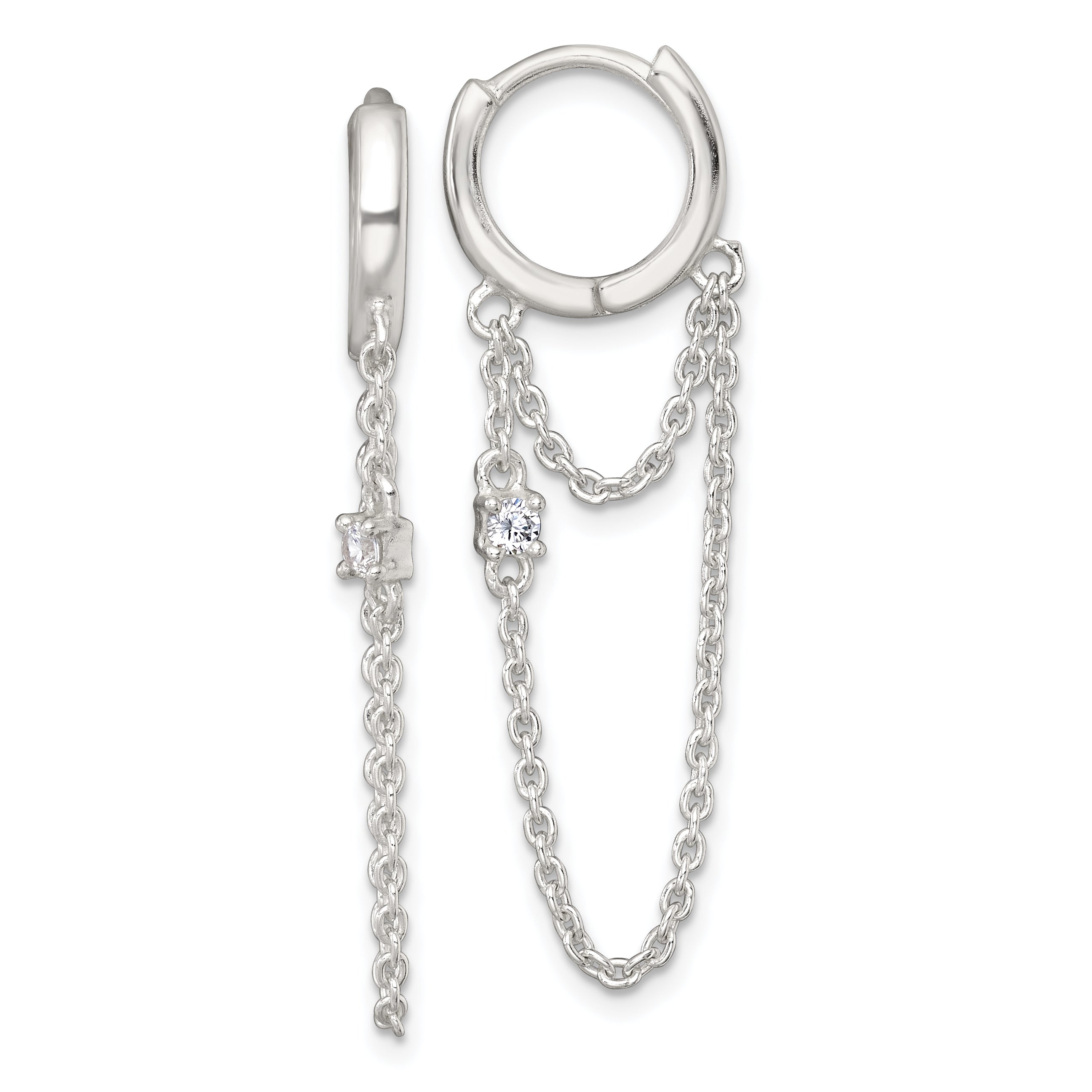 Sterling Silver Polished White CZ Dangling Chain Round Hinged Hoop Earrings Main image