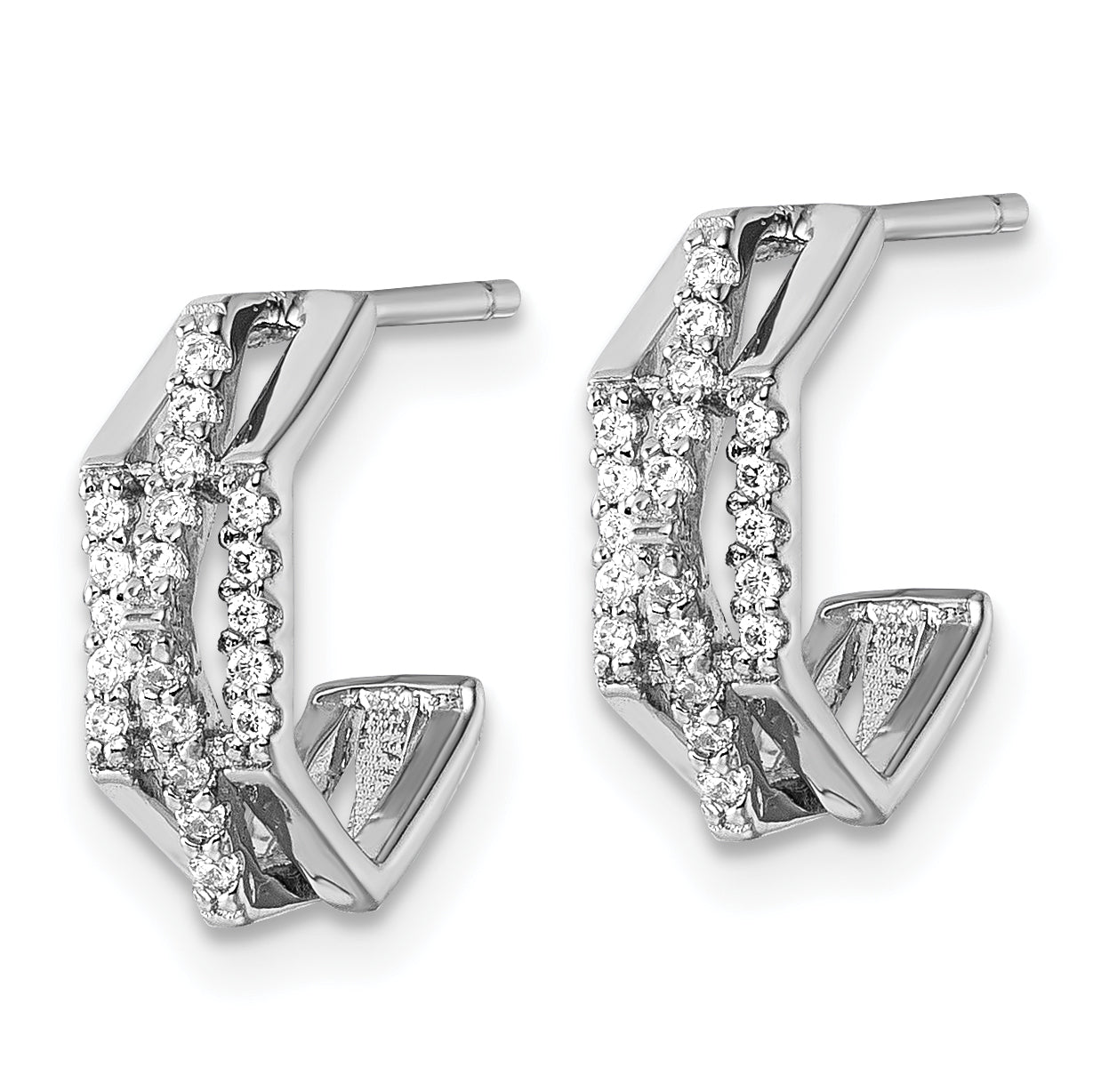Sterling Silver Rhodium-plated CZ 3-Row Polished J-Hoop Post Earrings