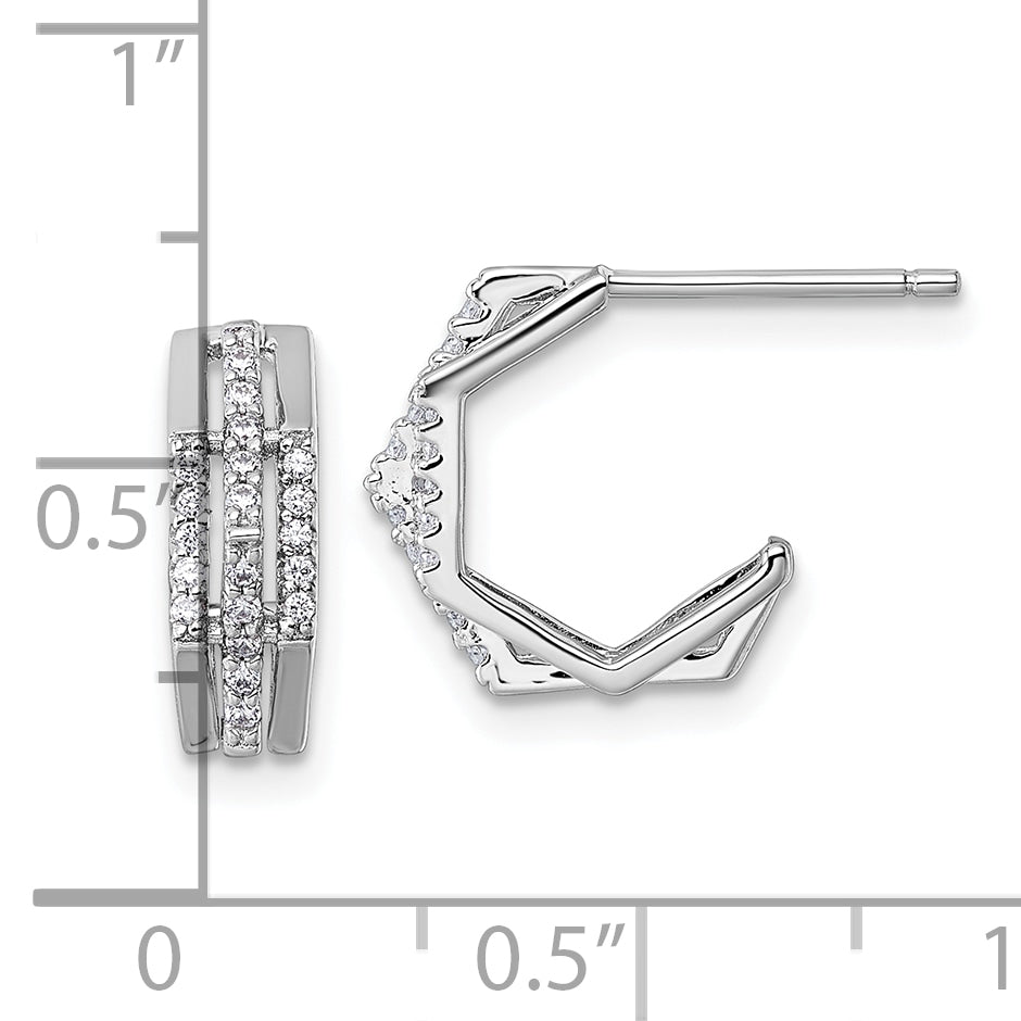 Sterling Silver Rhodium-plated CZ 3-Row Polished J-Hoop Post Earrings