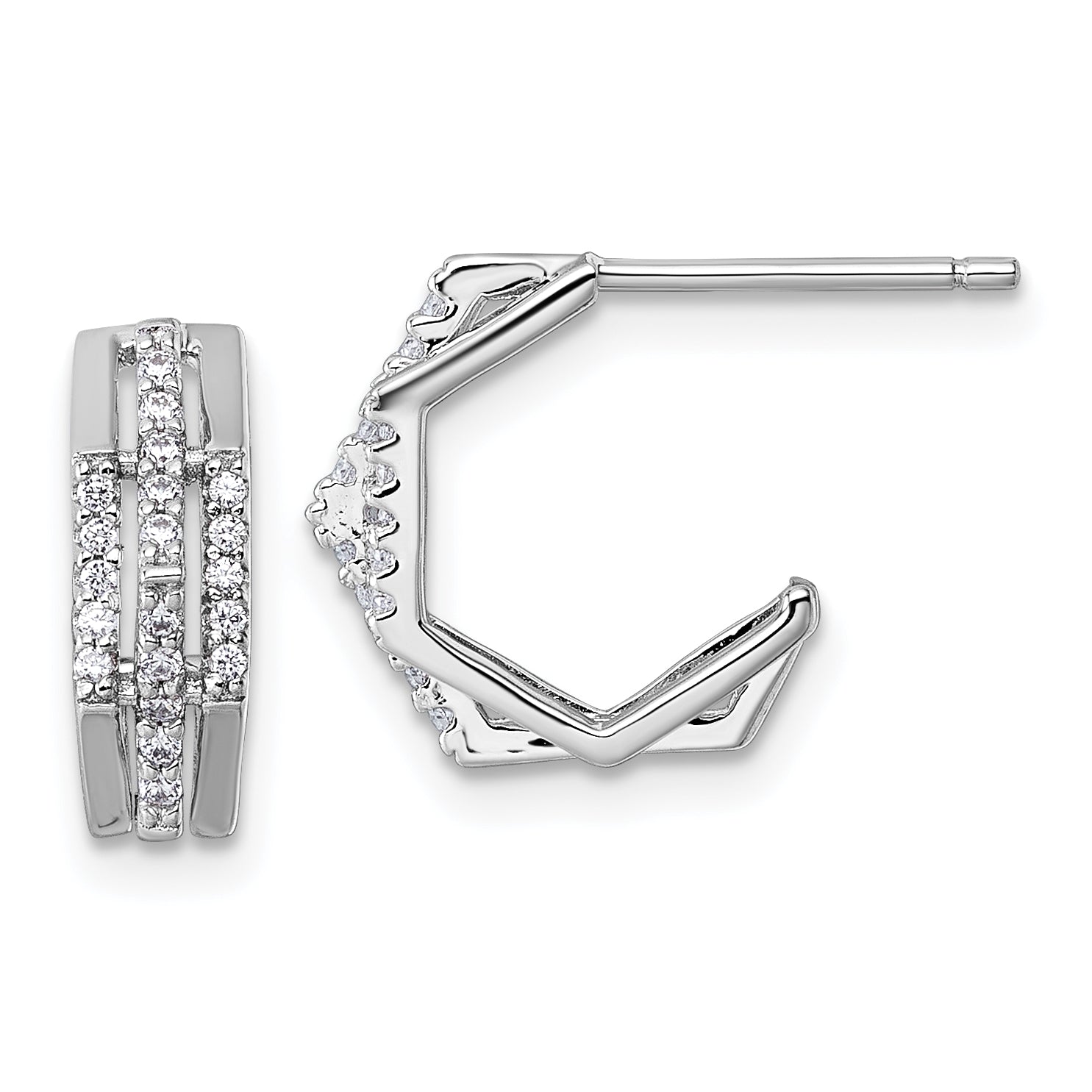 Sterling Silver Rhodium-plated CZ 3-Row Polished J-Hoop Post Earrings