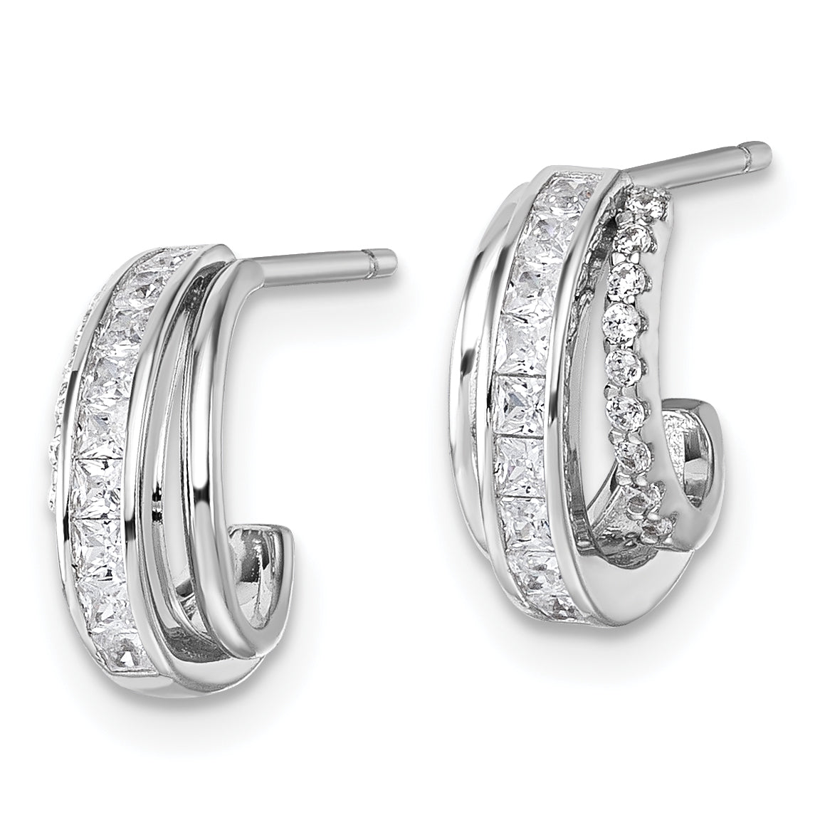 Sterling Silver Rhodium-plated CZ 3-Row Polished J-Hoop Post Earrings Secondary image