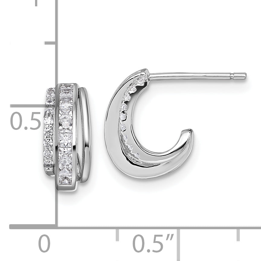 Sterling Silver Rhodium-plated CZ 3-Row Polished J-Hoop Post Earrings