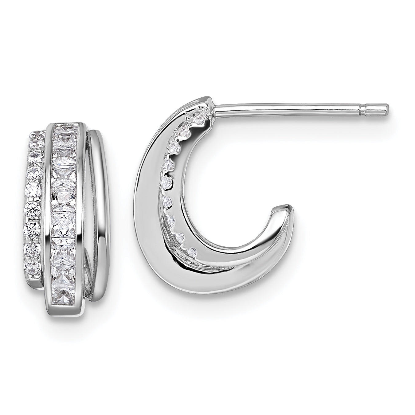Sterling Silver Rhodium-plated CZ 3-Row Polished J-Hoop Post Earrings Main image