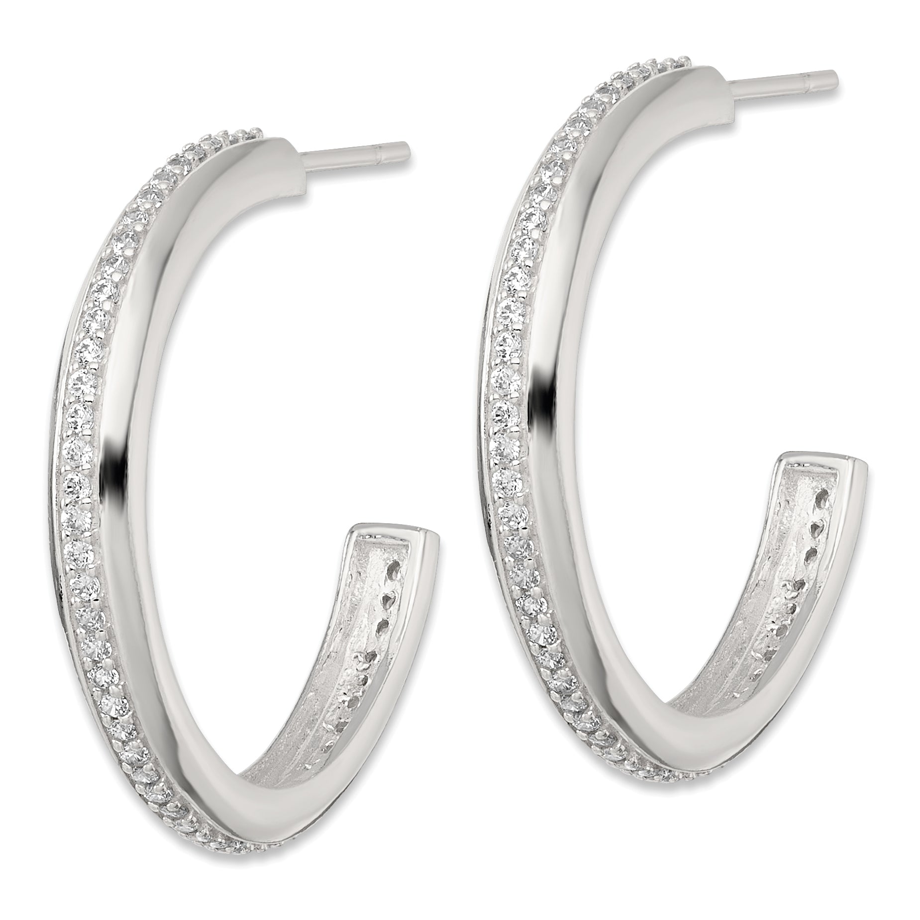 Sterling Silver Polished 26.5x3.5mm CZ Post C-Hoop Earrings Secondary image