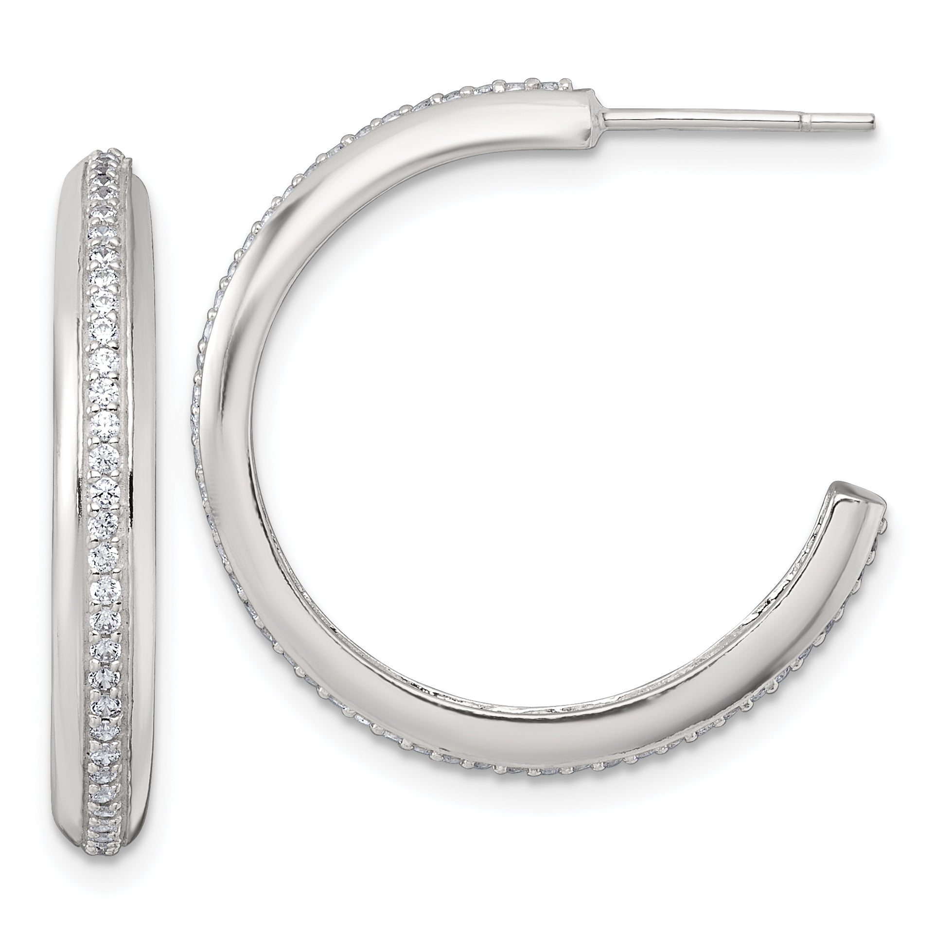 Sterling Silver Polished 26.5x3.5mm CZ Post C-Hoop Earrings