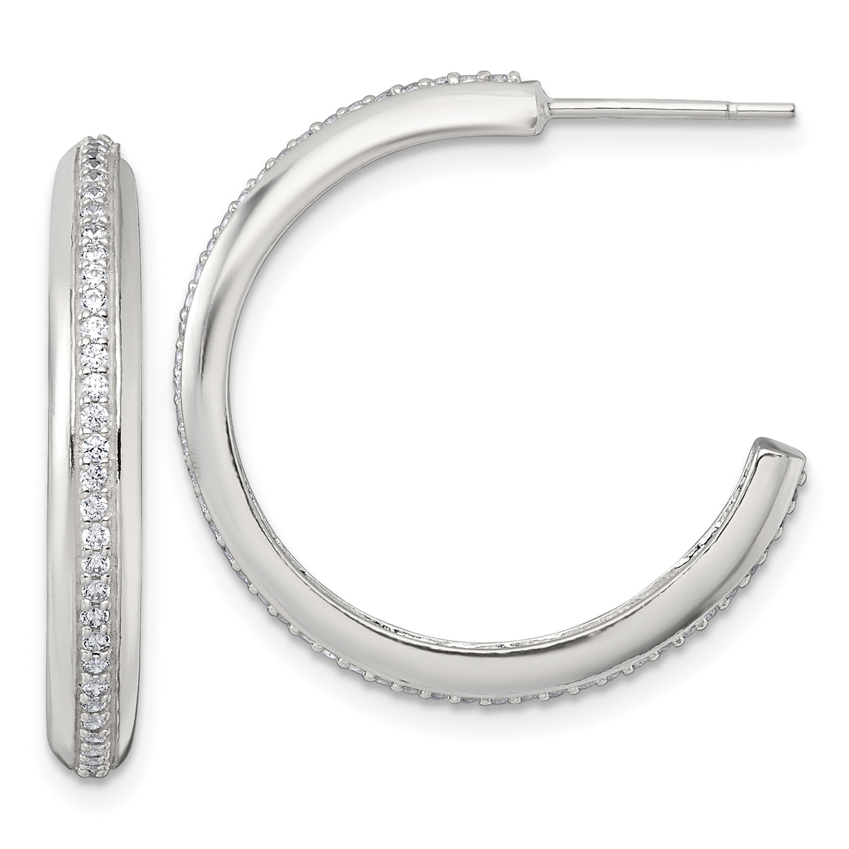Sterling Silver Polished 26.5x3.5mm CZ Post C-Hoop Earrings