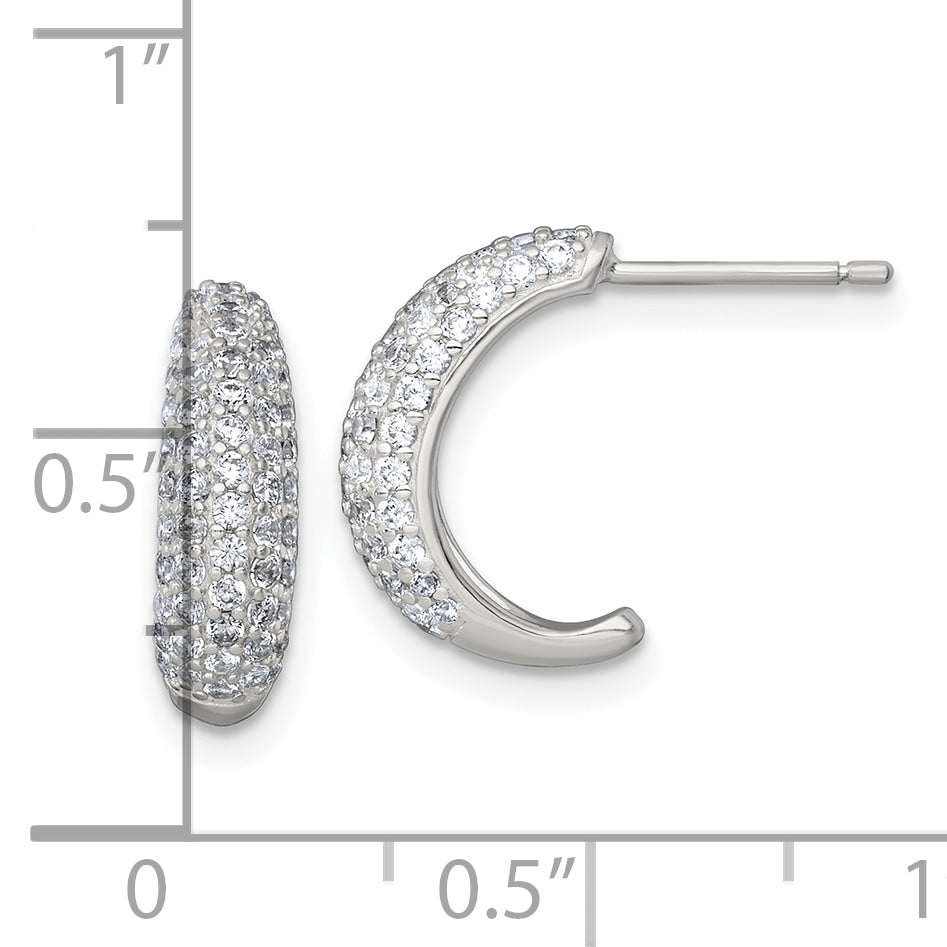 Sterling Silver Polished Pave CZ Post J-Hoop Earrings