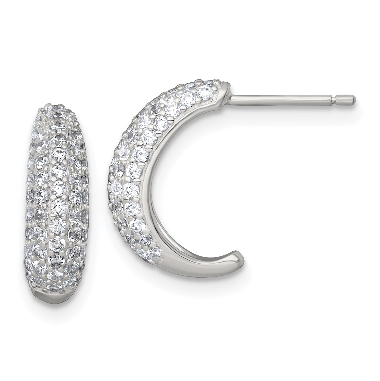 Sterling Silver Polished Pave CZ Post J-Hoop Earrings Main image