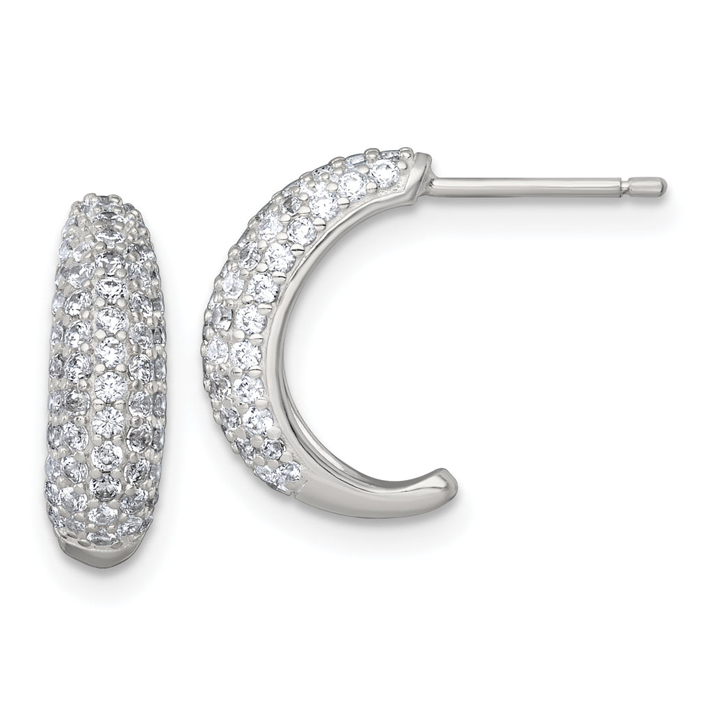 Sterling Silver Polished Pave CZ Post J-Hoop Earrings