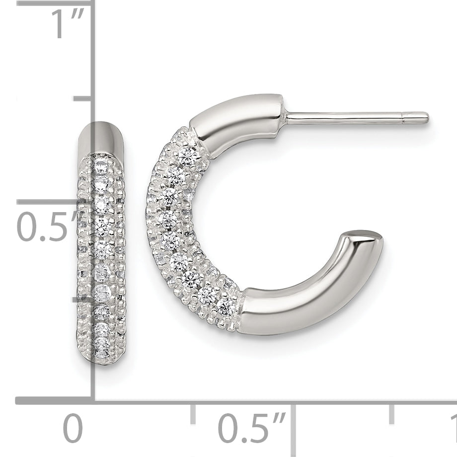 Sterling Silver Polished Pave CZ Post C-Hoop Earrings