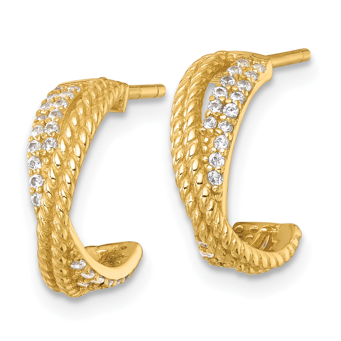 Sterling Silver Gold-Tone Polished and Twisted CZ -X- C-Hoop Post Earrings Secondary image