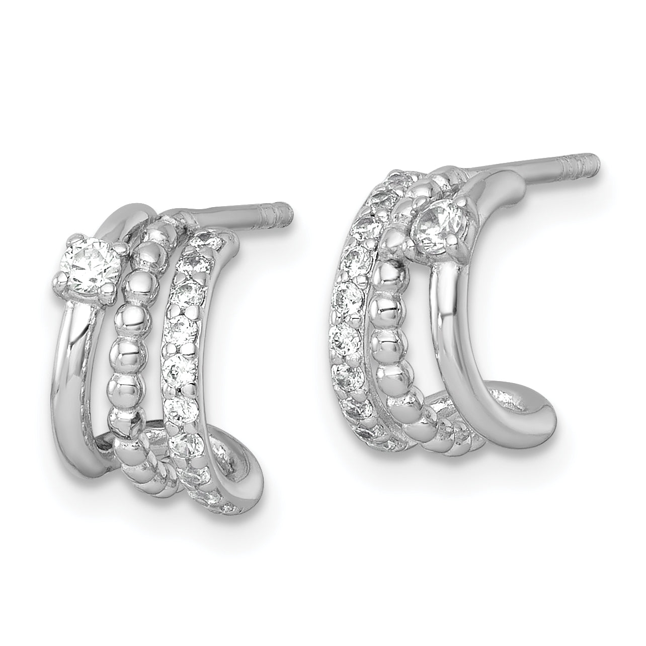 Sterling Silver Rhodium-plated Polished Beaded CZ Post C-Hoop Earrings Secondary image