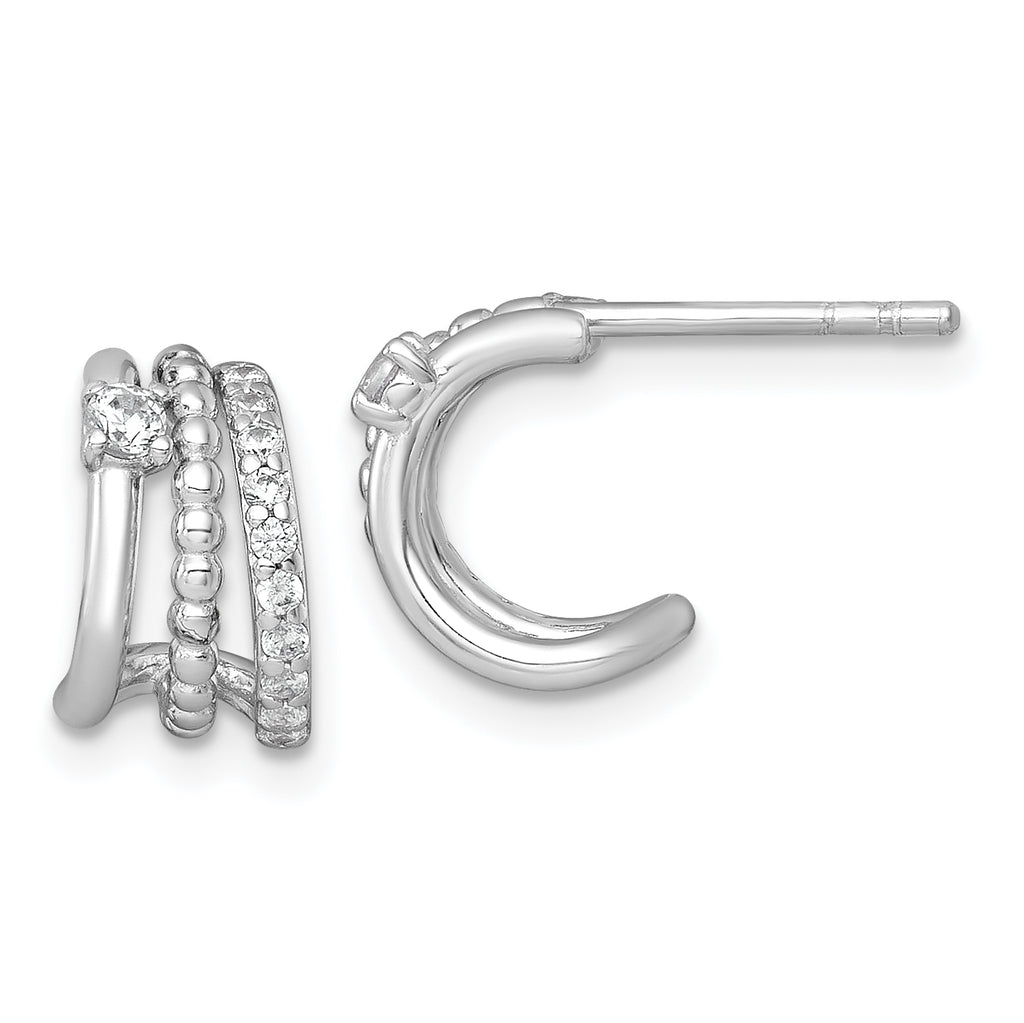 Sterling Silver Rhodium-plated Polished Beaded CZ Post C-Hoop Earrings