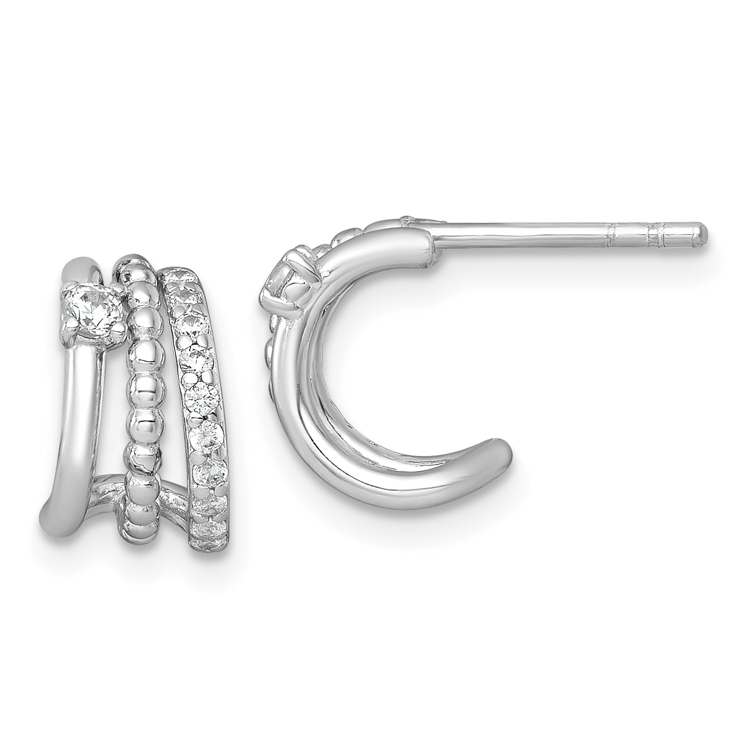 Sterling Silver Rhodium-plated Polished Beaded CZ Post C-Hoop Earrings