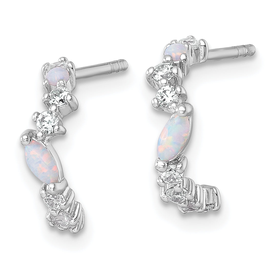 Sterling Silver Rhodium-plated Polished CZ and Lab Created Opal Post C-Hoop Earrings