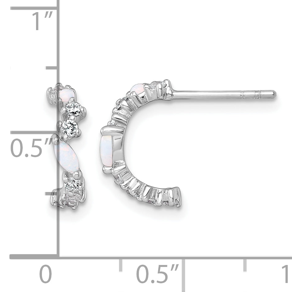 Sterling Silver Rhodium-plated Polished CZ and Lab Created Opal Post C-Hoop Earrings