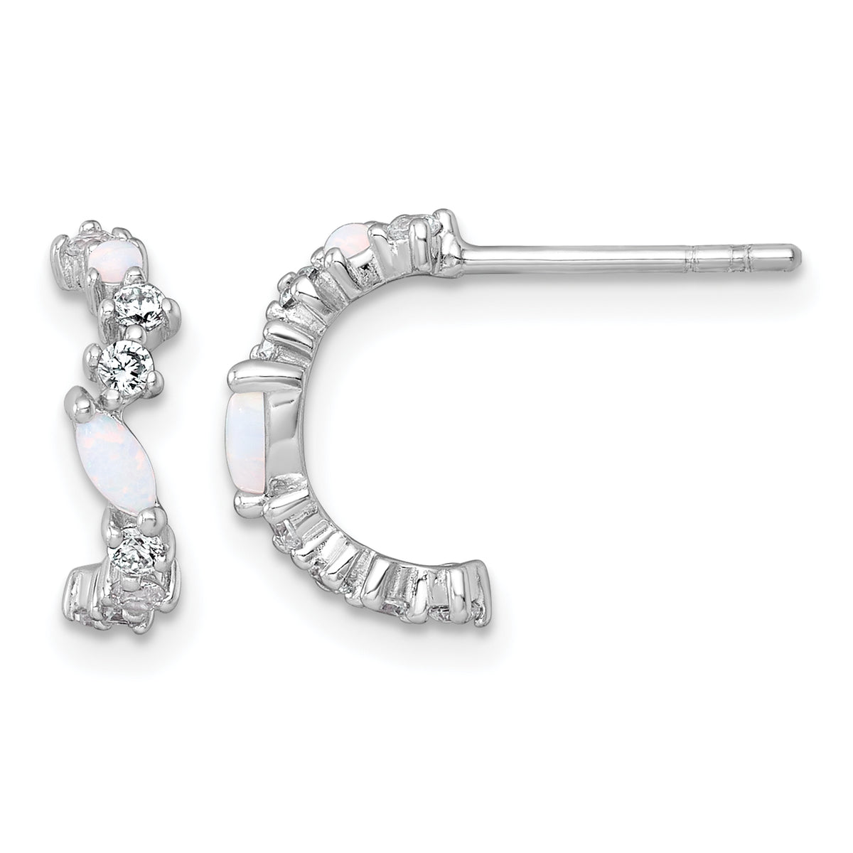 Sterling Silver Rhodium-plated Polished CZ and Lab Created Opal Post C-Hoop Earrings