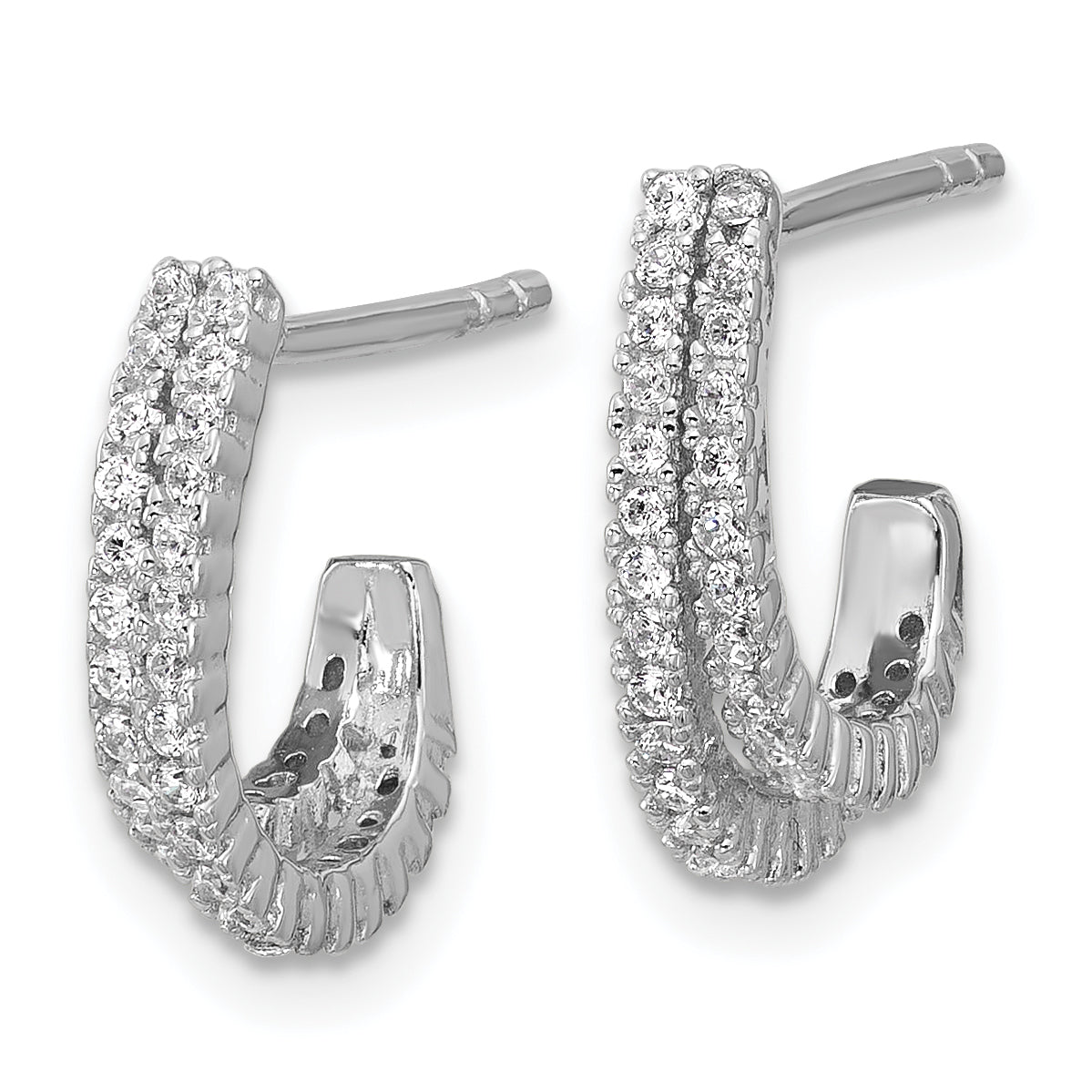 Sterling Silver Rhodium-plated CZ Polished Double Row J-Hoop Post Earrings Secondary image