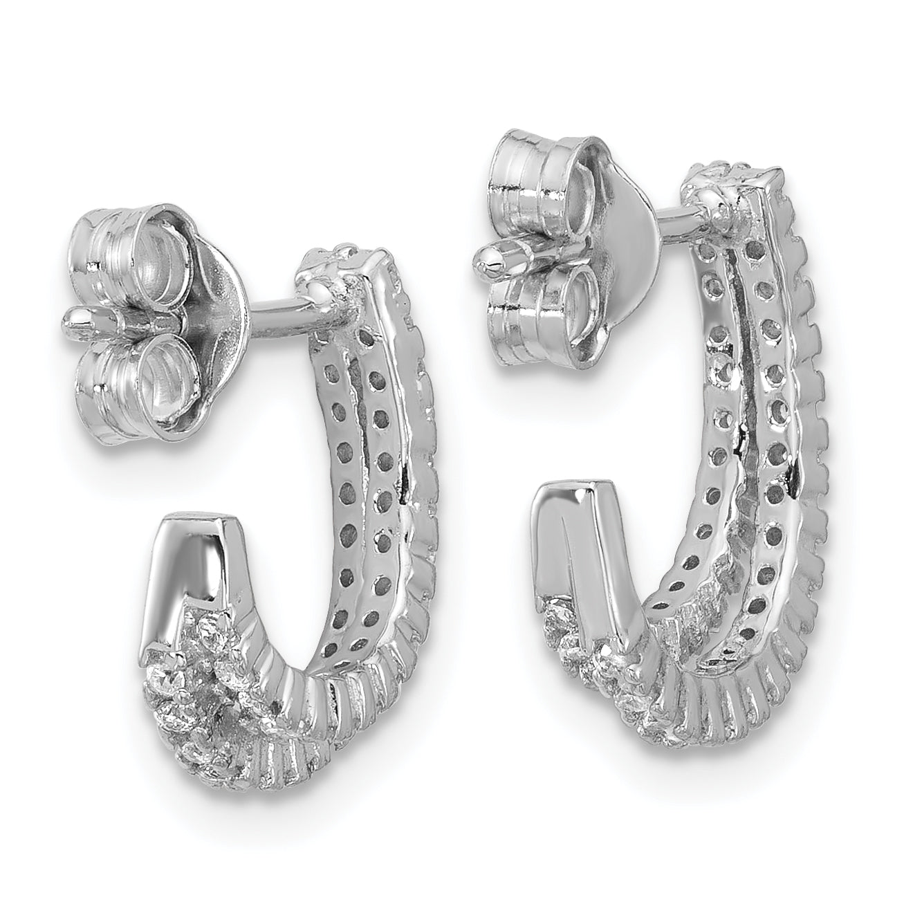Sterling Silver Rhodium-plated CZ Polished Double Row J-Hoop Post Earrings