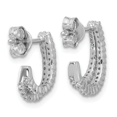 Sterling Silver Rhodium-plated CZ Polished Double Row J-Hoop Post Earrings