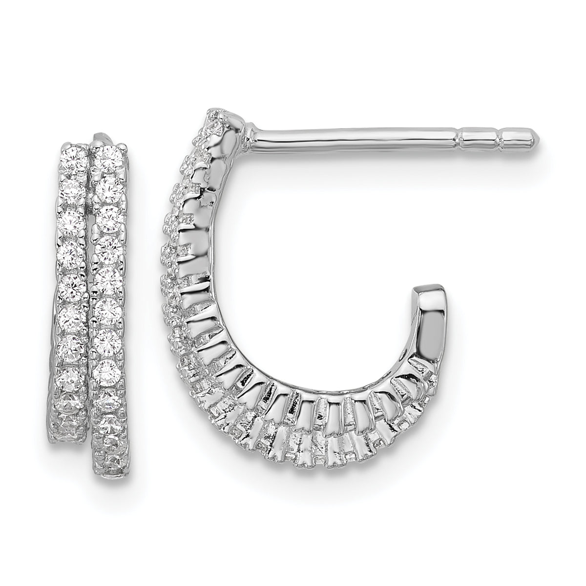 Sterling Silver Rhodium-plated CZ Polished Double Row J-Hoop Post Earrings