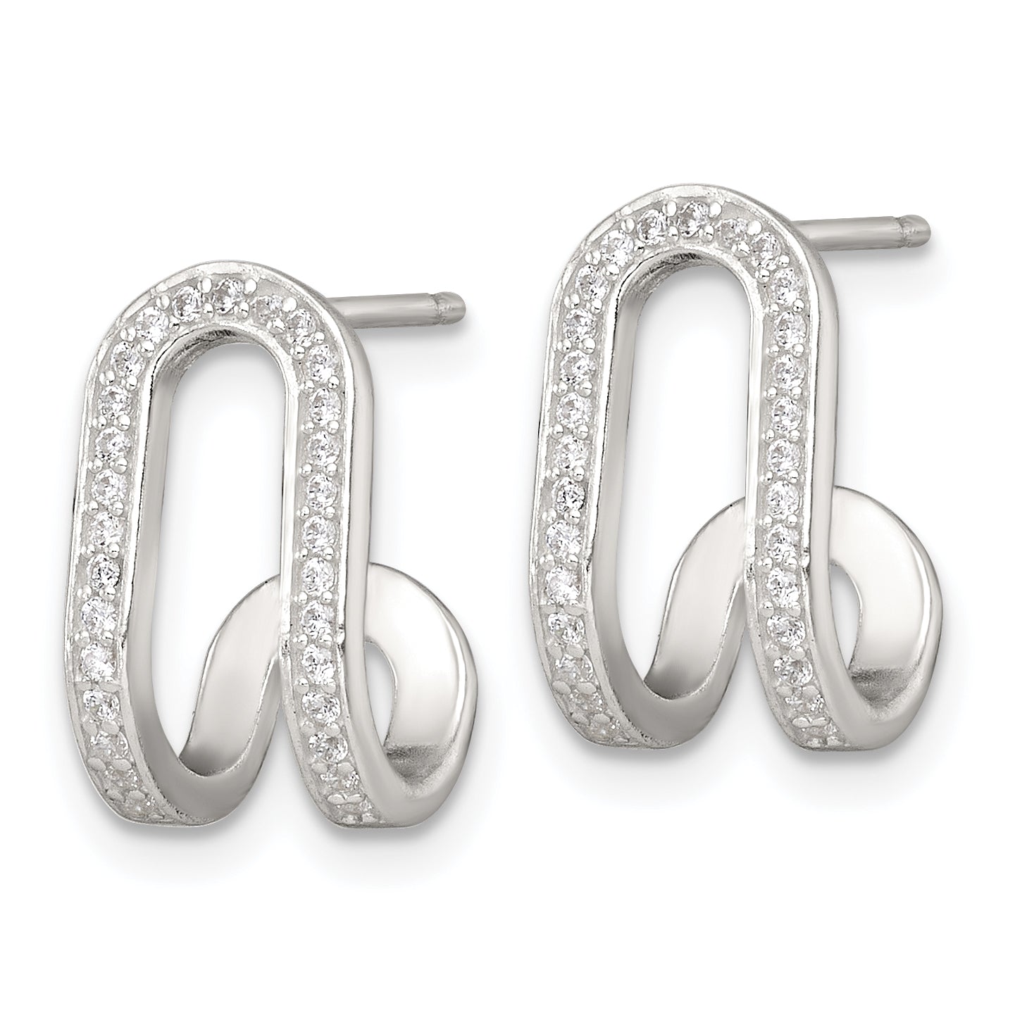 Sterling Silver Polished White CZ Curved J-Hoop Post Earrings Secondary image