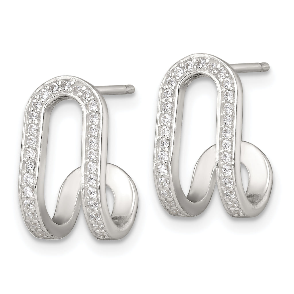 Sterling Silver Polished White CZ Curved J-Hoop Post Earrings