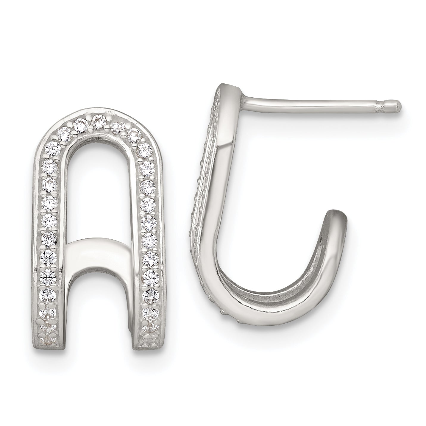 Sterling Silver Polished White CZ Curved J-Hoop Post Earrings Main image