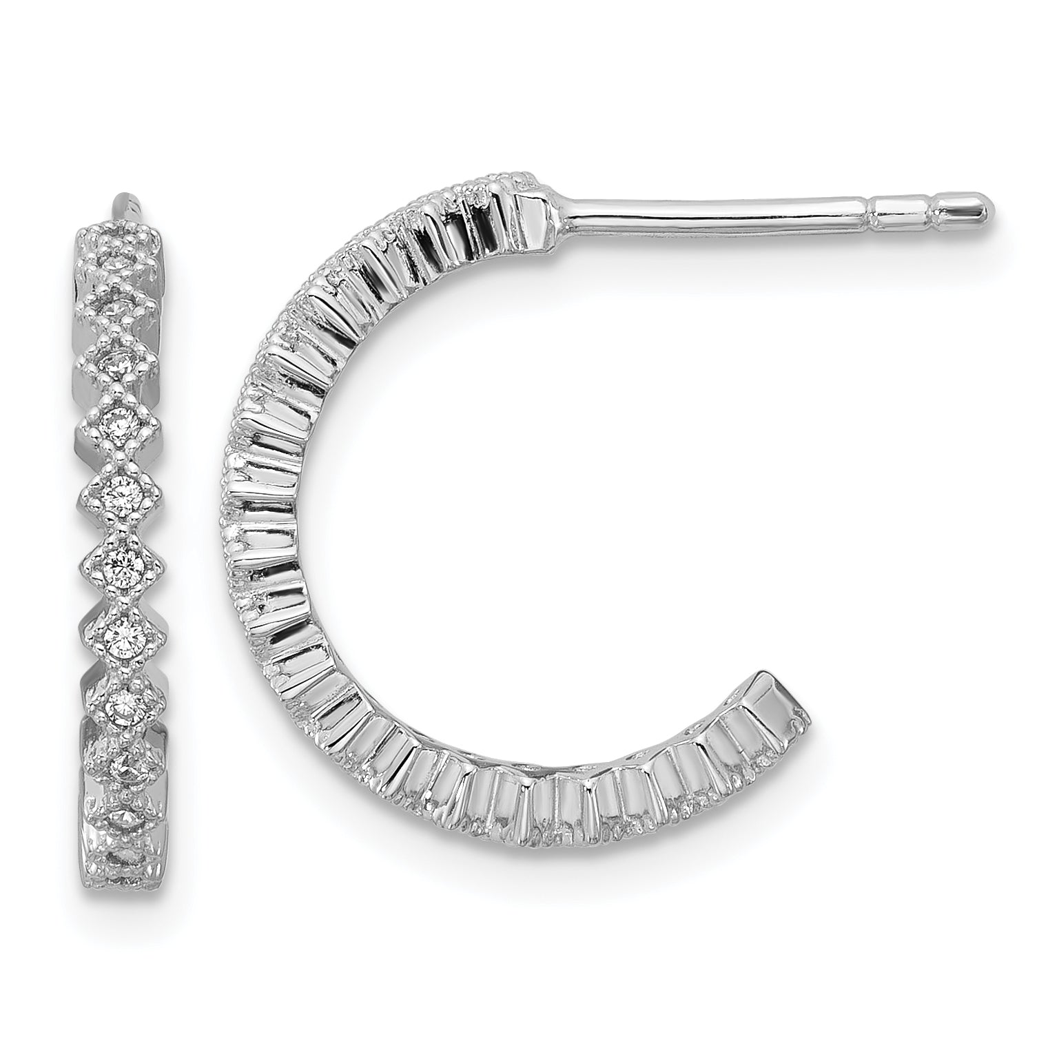 Sterling Silver Rhodium-plated CZ Polished J-Hoop Post Earrings