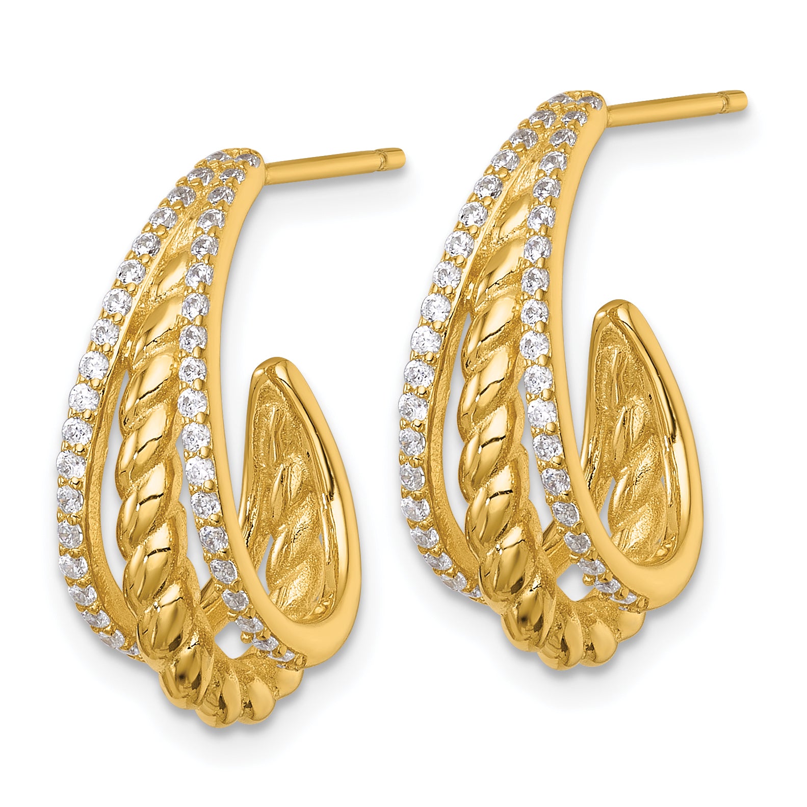 Sterling Silver Gold-tone Polished and Twisted CZ Triple J-Hoop Post Earrings