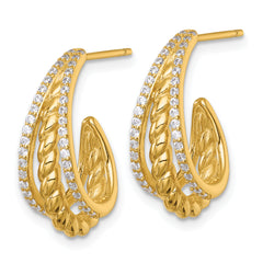 Sterling Silver Gold-tone Polished and Twisted CZ Triple J-Hoop Post Earrings