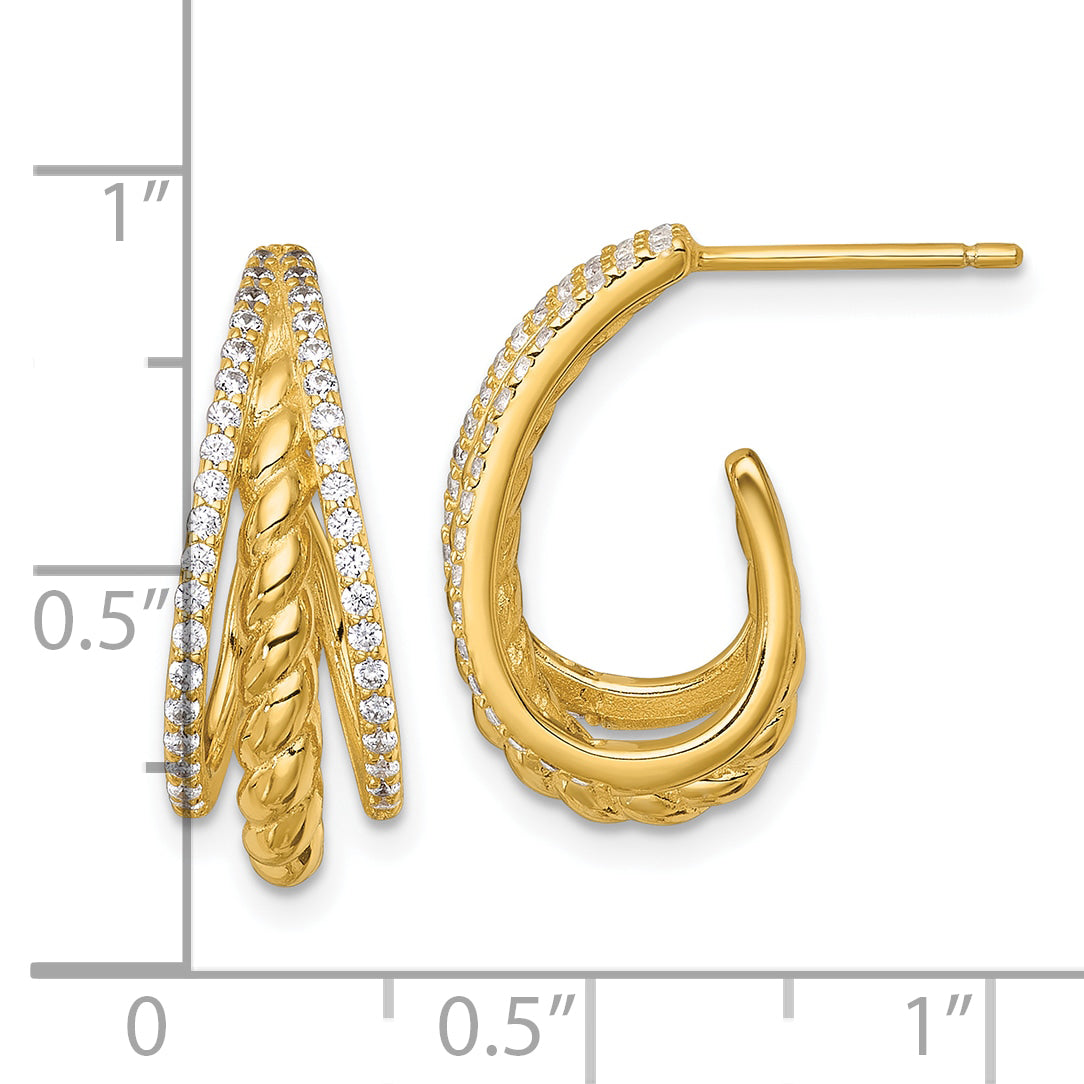 Sterling Silver Gold-tone Polished and Twisted CZ Triple J-Hoop Post Earrings