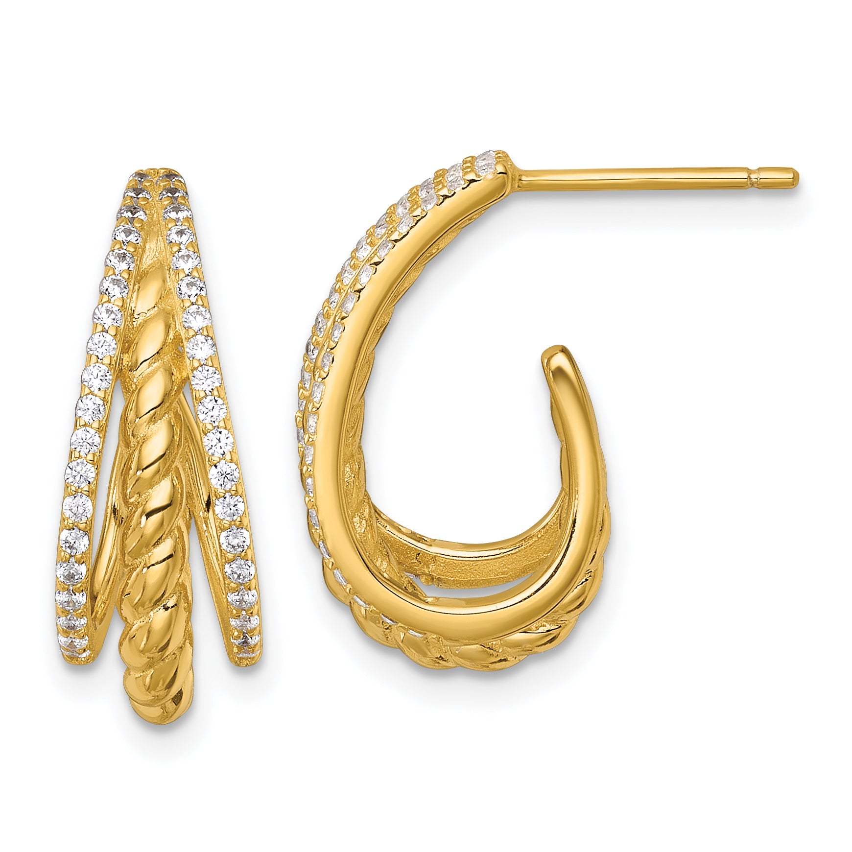 Sterling Silver Gold-tone Polished and Twisted CZ Triple J-Hoop Post Earrings Main image