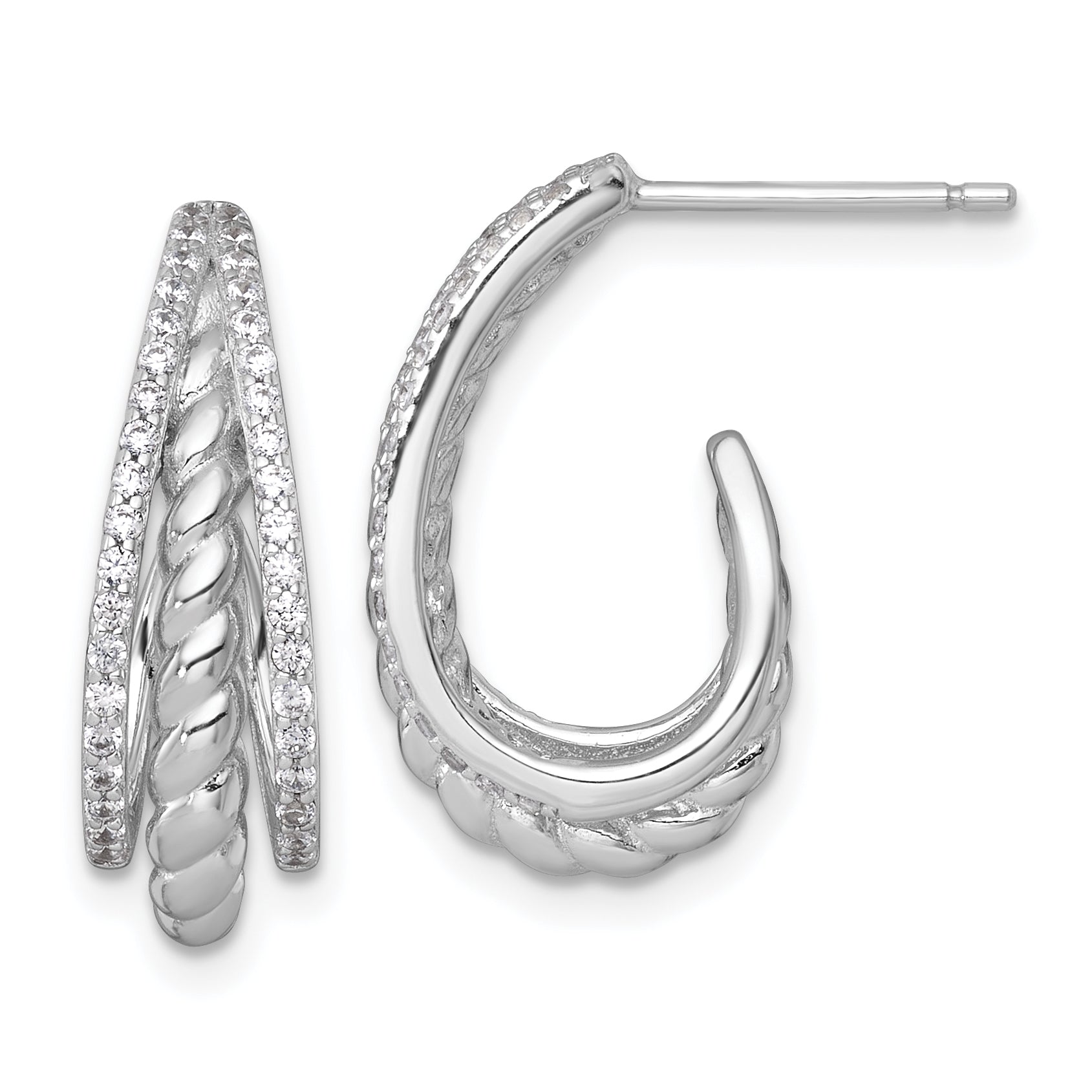 Sterling Silver Rhodium-plated Polished and Twisted CZ Triple J-Hoop Post Earrings Main image