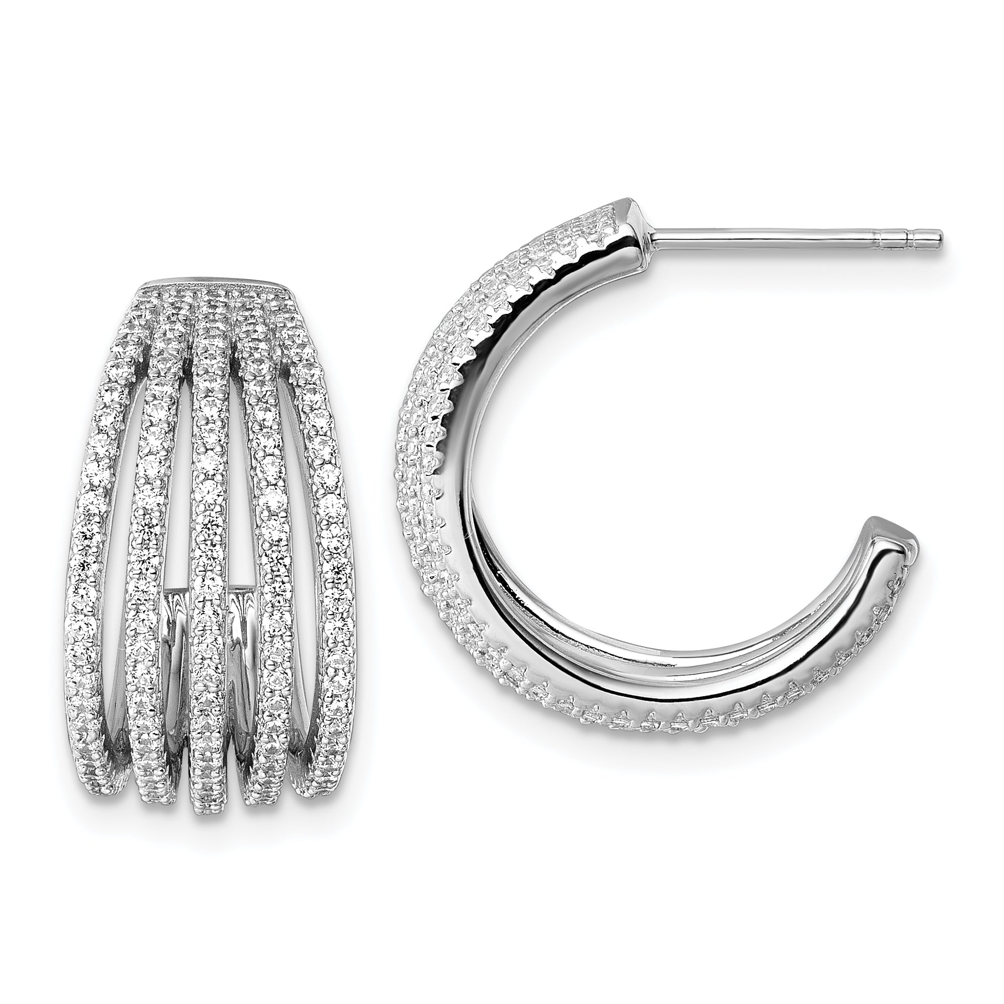 Sterling Silver Rhodium-plated Polished CZ Multi-Row J-Hoop Post Earrings Main image